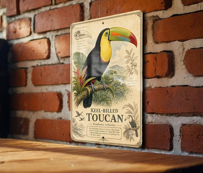 A vintage-style metal sign featuring a colorful toucan perched on a branch, with text and illustrations related to toucan species.