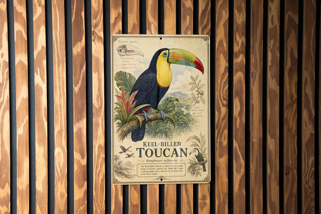 A vintage-style metal sign featuring a colorful toucan perched on a branch, with text and illustrations related to toucan species.
