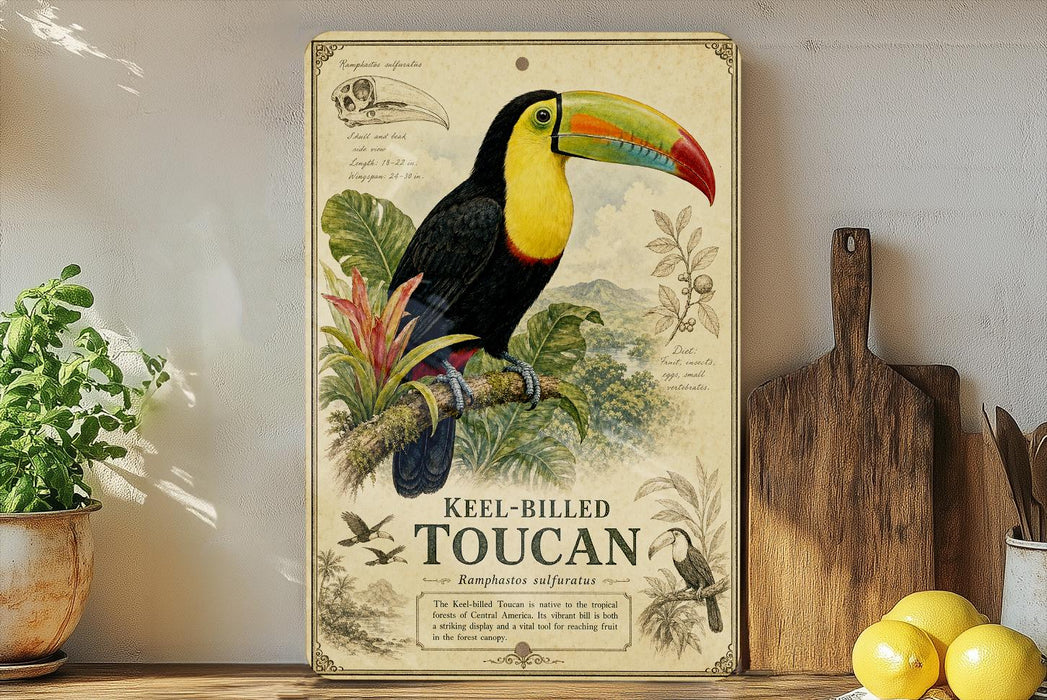 A vintage-style metal sign featuring a colorful toucan perched on a branch, surrounded by tropical foliage and plants, with a wooden cutting board and lemons in the foreground.