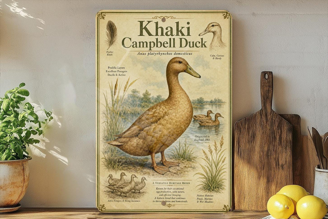 a poster of a khaki Campbell duck, with illustrations and text providing information about the bird. The poster is displayed on a shelf next to a wooden cutting board and a potted plant.