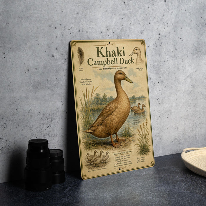 A metal sign displaying information about khaki Campbell ducks is placed on a table next to some black camera lenses.