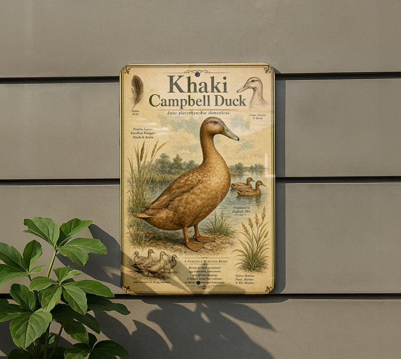 a sign for the Khaki Campbell Duck, which is a type of waterfowl. The sign is mounted on a wall and depicts a detailed illustration of the duck along with additional information about it.
