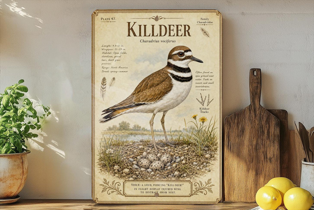a framed illustration of a Killdeer, a bird species native to North America, standing on a rocky outcropping. The illustration includes text and illustrations that provide information about the bird, such as its habitat, diet, and behavior. The framed artwork is displayed on a shelf, with a potted plant, a wooden cutting board, and some lemons visible in the background.
