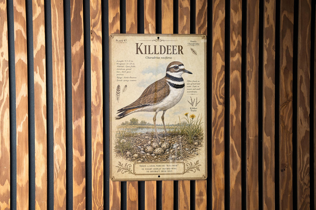 a poster of a Killdeer, a bird species, mounted on a wooden wall.
