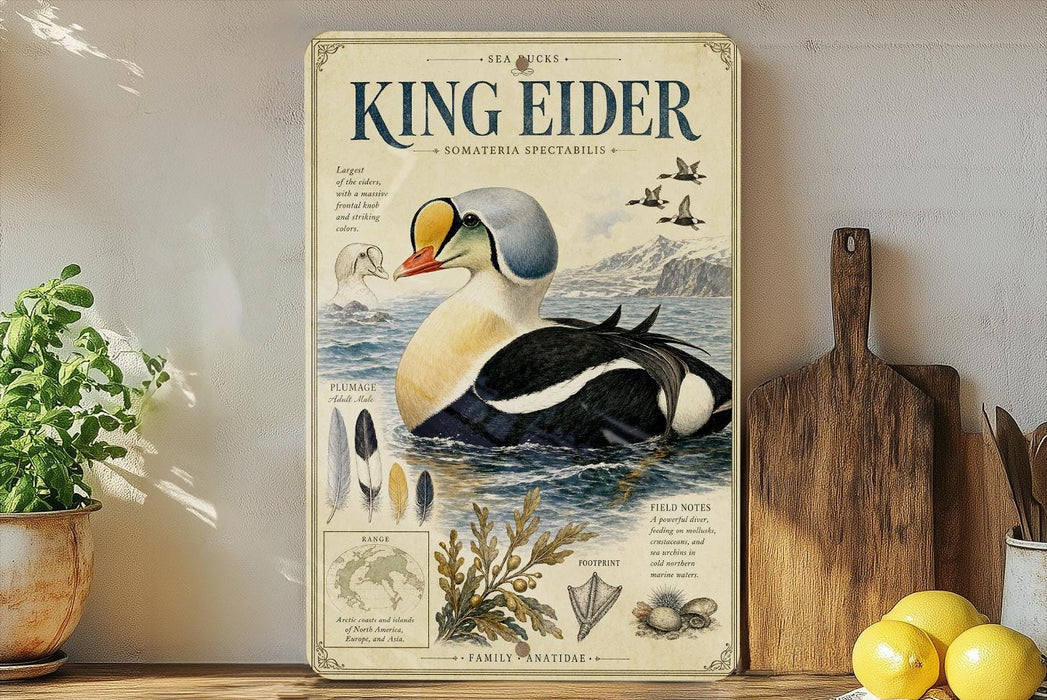 A poster of a king eider, a large sea bird, is displayed on a shelf next to a wooden cutting board and some fruits.