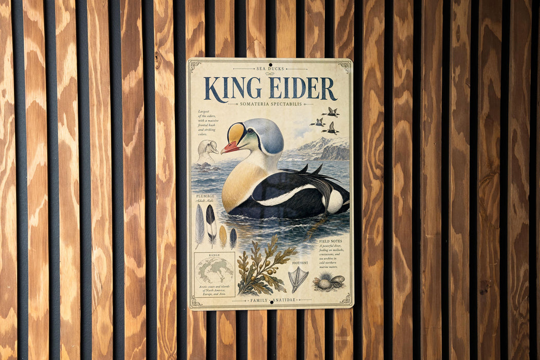 A poster of a king eider, a large sea bird, is displayed on a wooden wall.