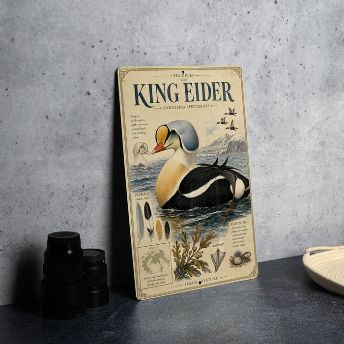 A vintage-style book or magazine cover titled "King Eider" with illustrations of a king eider duck and various marine elements.