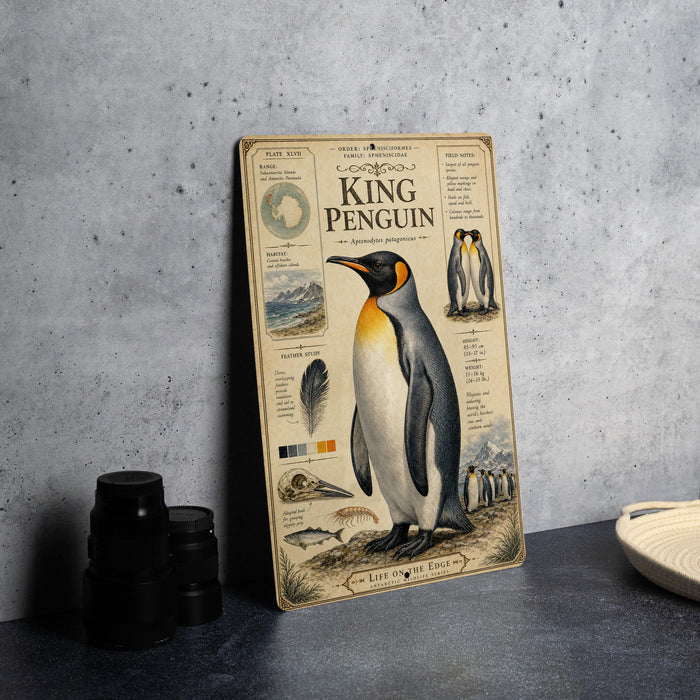 a poster or informational display about the King Penguin, with various illustrations and text providing details about the species.