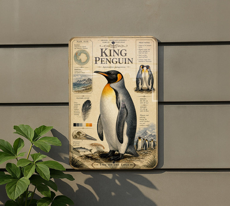 a detailed illustration of a King Penguin, with various texts and illustrations providing information about the species.