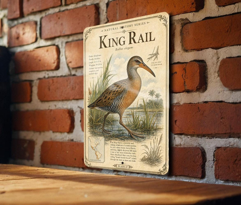 A vintage-style metal sign featuring an illustration of a bird, likely a king rail, against a brick wall background.
