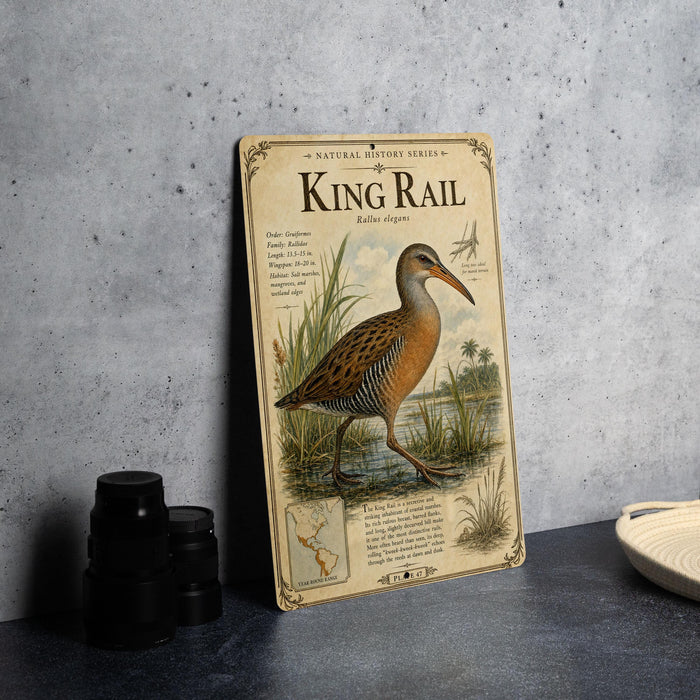 A vintage-style metal plaque with an illustration of a bird, likely King Rail, standing in a natural setting.