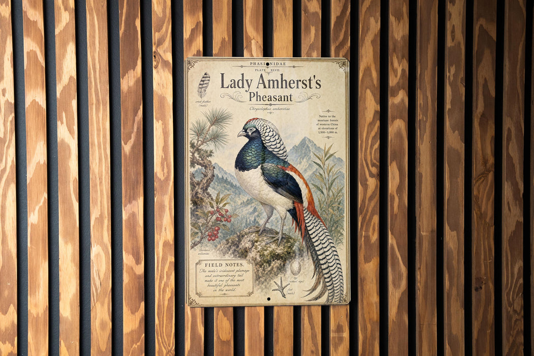 a vintage-style illustration of a colorful bird, likely a pheasant, perched on a branch.