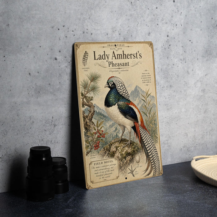 A vintage-style field guide to Lady Amherst's Pheasant, featuring an illustration of the bird and detailed text.
