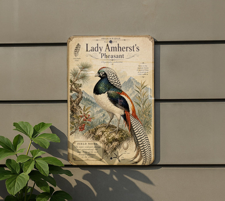 A vintage-style metal plaque featuring an illustration of a colorful bird, likely a peacock, standing on a rock with a plant in the background.