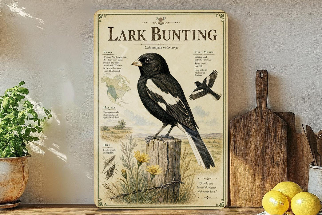 A vintage-style poster of a black and white bird, likely a buntling, is displayed on a wall next to a wooden cutting board and some kitchen utensils.