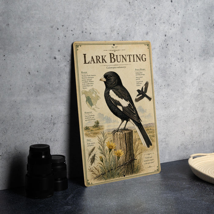 A vintage-style metal plaque with an illustration of a black and white bird, likely a buntling, perched on a tree stump. The plaque is set against a gray concrete wall, and there are some black camera lenses and a white dish visible in the foreground.