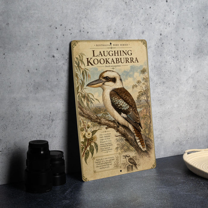 a metal sign with a picture of a kookaburra, a type of bird, on it. The sign is placed on a table next to some black camera lenses.