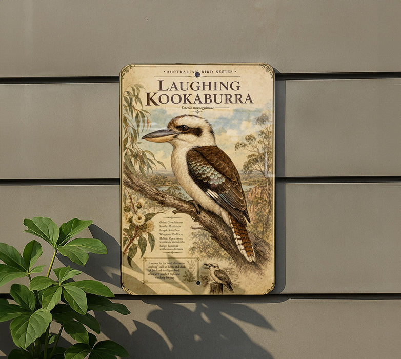 a sign depicting a laughing kookaburra, a large bird native to Australia, perched on a branch.
