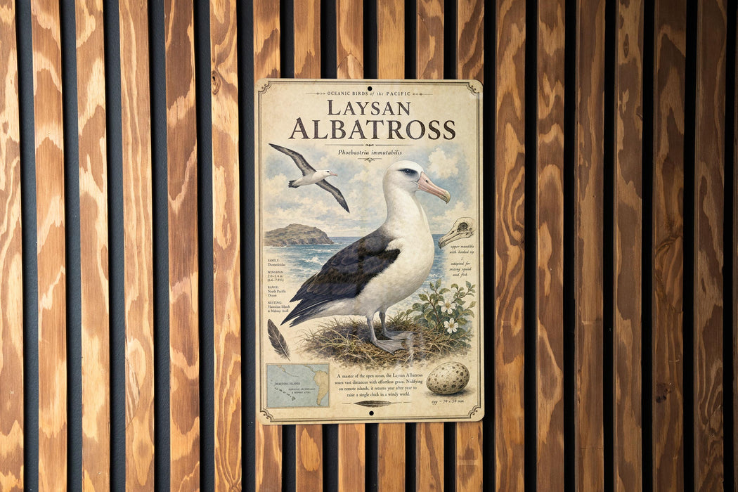 a sign with a picture of a bird, specifically an albatross, and some text and illustrations related to the bird.
