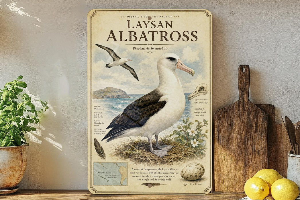 A framed illustration of a laysan albatross, a seabird, is displayed on a shelf next to a wooden cutting board and a potted plant.
