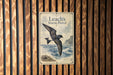 a vintage-style metal sign with a bird illustration, mounted on a wooden wall.
