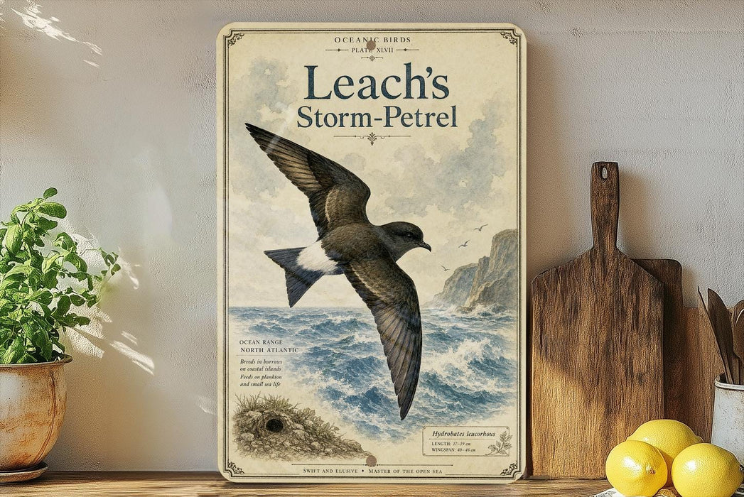 a vintage-style poster of a seagull in flight, with a coastal landscape in the background.