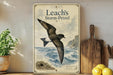 a vintage-style poster of a seagull in flight, with a coastal landscape in the background.