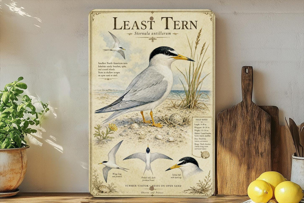 The image is a framed illustration of a tern, a type of seabird, with various bird illustrations and text providing information about the species.