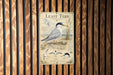 a metal sign with illustrations and text about least terns, mounted on a wooden wall.