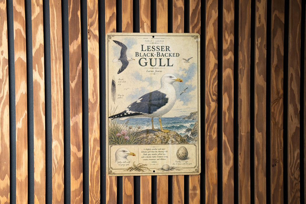 a metal sign with a black and white illustration of a gull, mounted on a wooden wall.