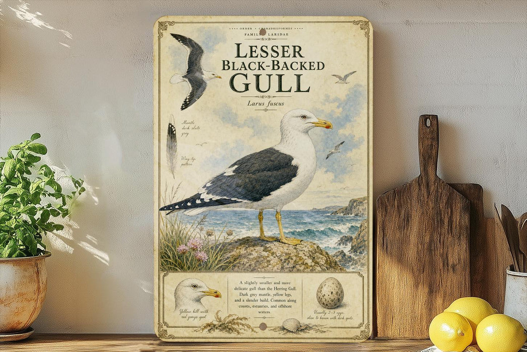 a poster of a Lesser Black-Backed Gull, which is a type of seagull, standing on a rock near the ocean.