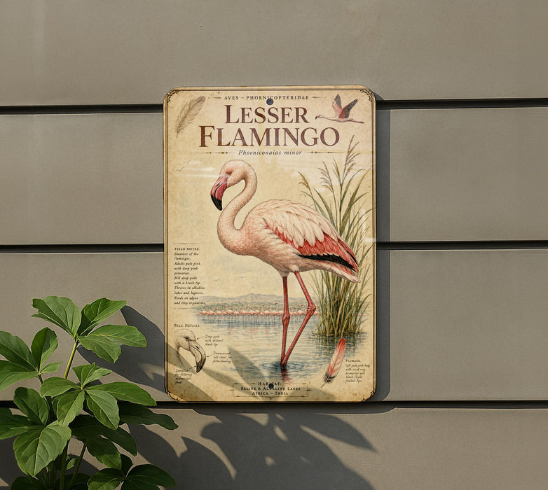 a vintage-style metal sign with a pink flamingo illustration, mounted on a wall.