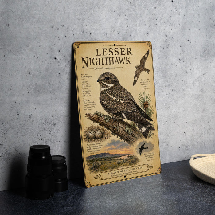 A metal sign displaying information about the Lesser Night Hawk, a bird species, with an illustration of the bird and additional text.