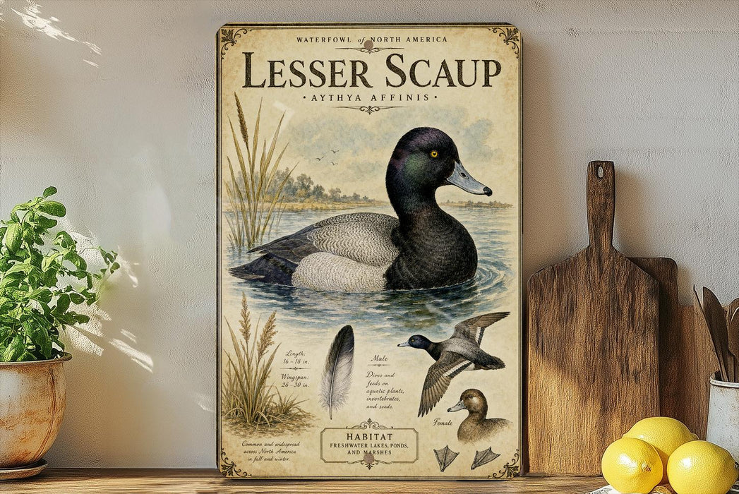 A vintage-style metal sign depicting a duck, with text and illustrations, is displayed on a shelf next to a wooden cutting board and some fruit.