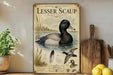 A vintage-style metal sign depicting a duck, with text and illustrations, is displayed on a shelf next to a wooden cutting board and some fruit.