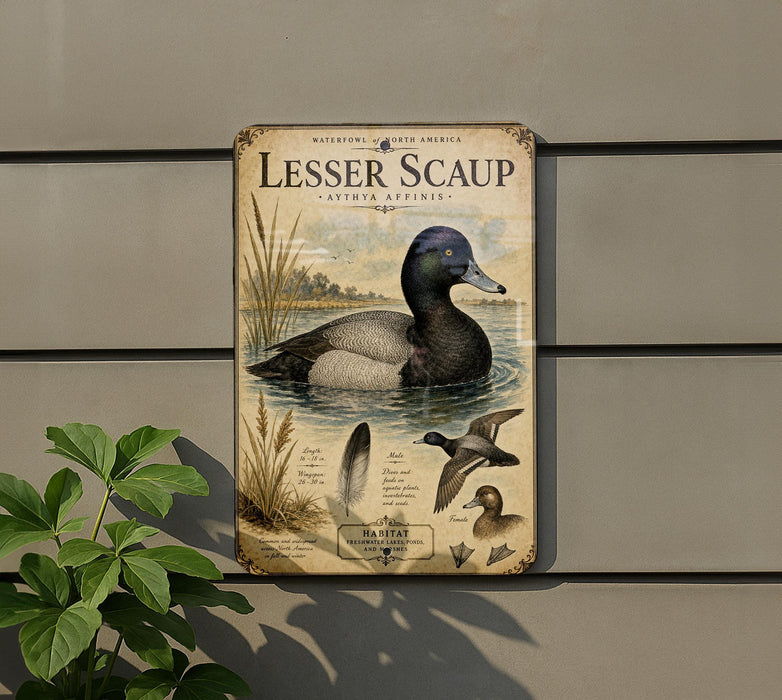 A vintage-style metal sign featuring illustrations and text about the Lesser Scaup, a type of waterfowl.