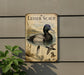 A vintage-style metal sign featuring illustrations and text about the Lesser Scaup, a type of waterfowl.