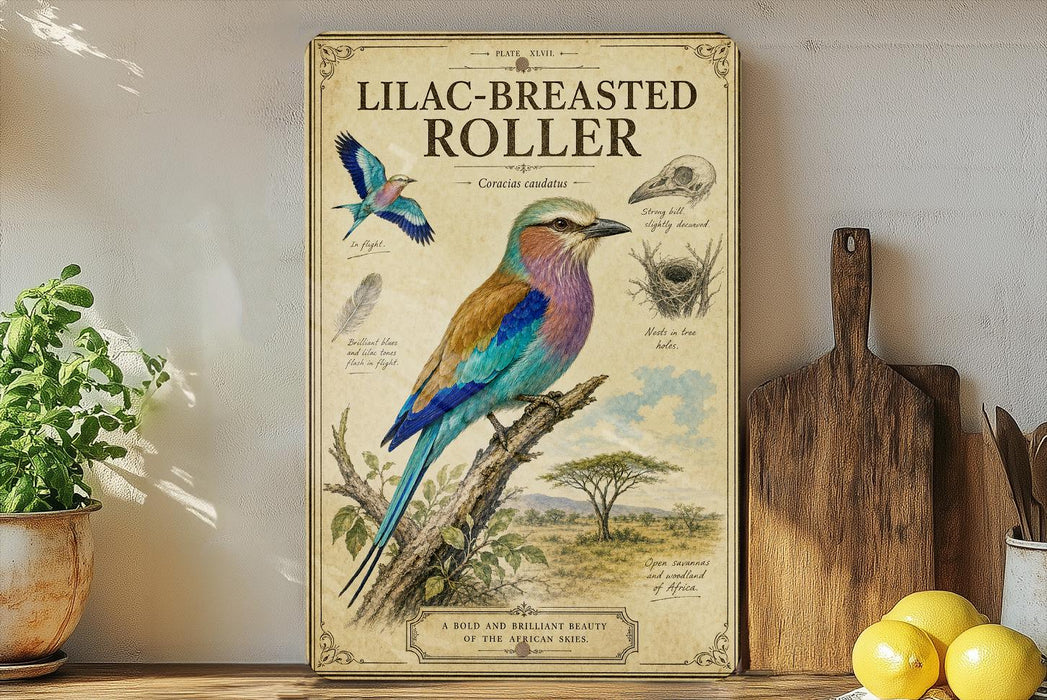 a poster of a colorful bird, specifically a lilac-breasted roller, perched on a branch. The poster is displayed on a wall, with a wooden cutting board and a potted plant visible in the foreground.