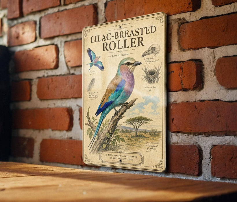 a vintage-style metal sign with illustrations and text, mounted on a brick wall.