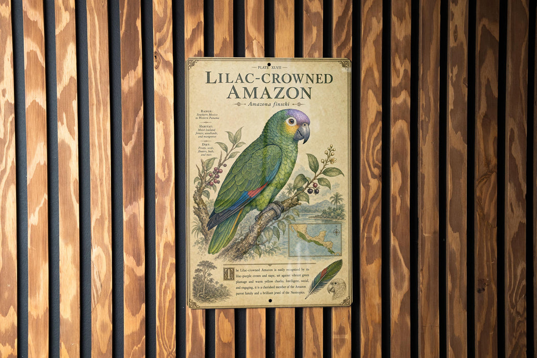 a vintage-style poster of a colorful parrot, specifically a lilac-crowned Amazon parrot, displayed on a wooden wall.