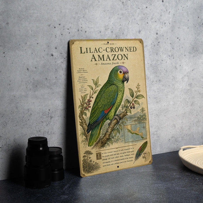 A vintage-style illustration of a green parrot, specifically a Lilac-Crowned Amazon parrot, is displayed on a wooden surface.