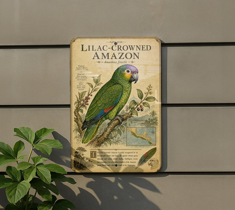 a vintage-style sign with a colorful illustration of a green and yellow bird, likely a parrot, perched on a branch. The sign is mounted on a wall and is surrounded by greenery, including a plant to the left.