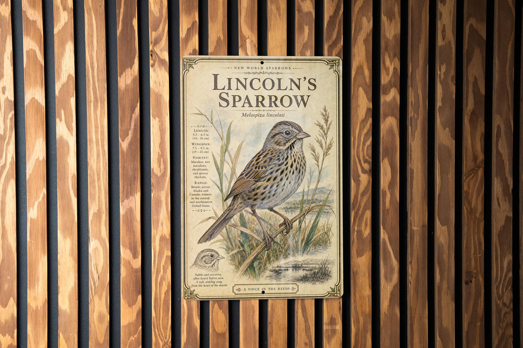 a vintage-style metal plaque with an illustration of a Lincoln's Sparrow, a small bird with a brown and white coloration, perched on a branch. The plaque is mounted on a wooden wall with vertical slats, creating a rustic and natural backdrop for the artwork.
