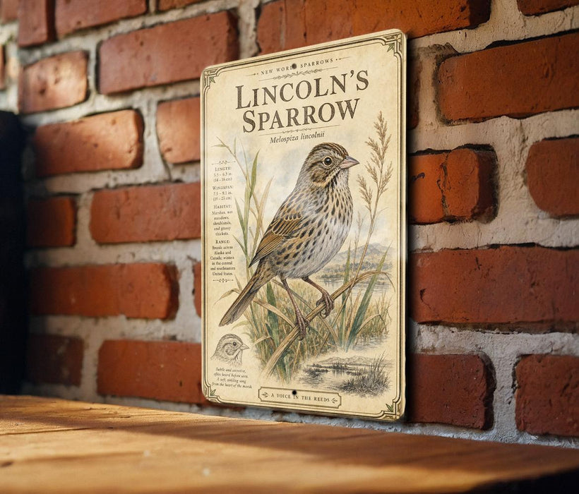 A vintage-style metal sign featuring an illustration of a Lincoln's Sparrow, mounted on a brick wall.