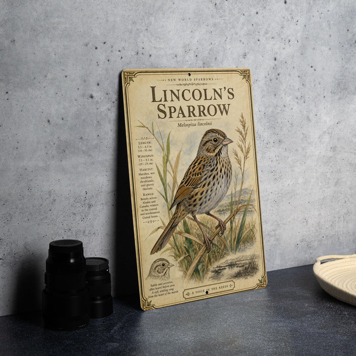 a vintage-style book or magazine cover titled "Lincoln's Sparrow" with an illustration of a Lincoln's Sparrow perched on a branch.