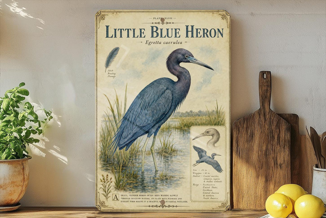 a vintage-style illustration of a blue heron, with a wooden paddle and a potted plant in the background.