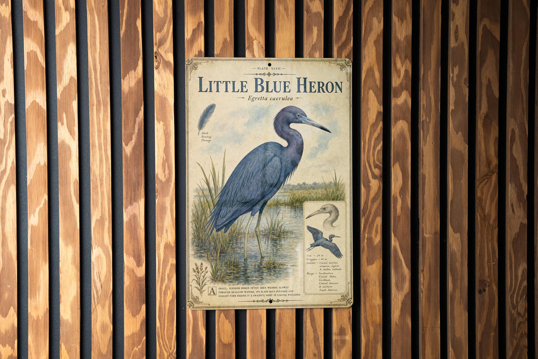 a vintage-style illustration of a blue heron, with a caption that reads "Little Blue Heron" and additional information about the bird.