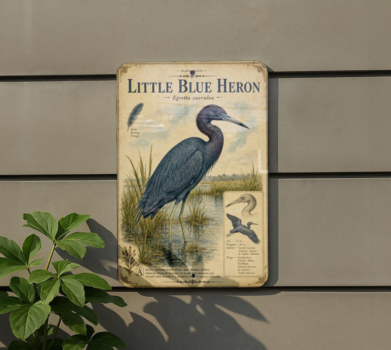 A metal sign featuring an illustration of a blue heron, with text and bird illustrations, mounted on a wall next to a plant.