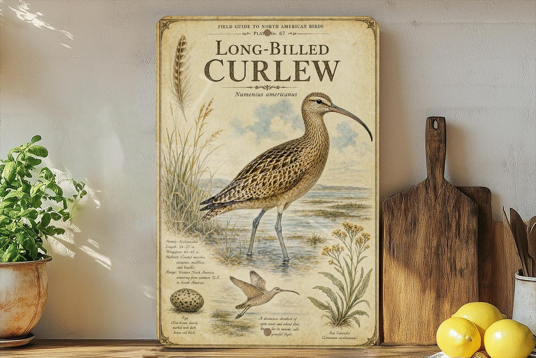 a vintage-style field guide to North American birds, specifically the Long-Billed Curlew, which is depicted on a wooden board. The guide includes illustrations and descriptions of the bird, along with other North American birds, and is placed on a shelf next to a wooden cutting board and some potted plants.