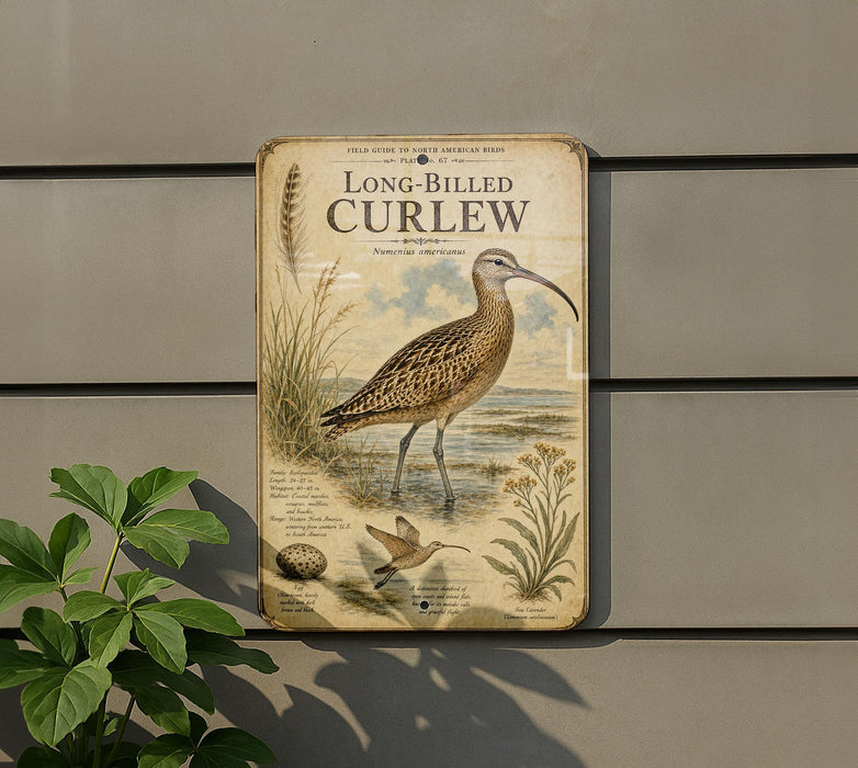 a metal sign with a bird illustration, mounted on a wall next to a plant.